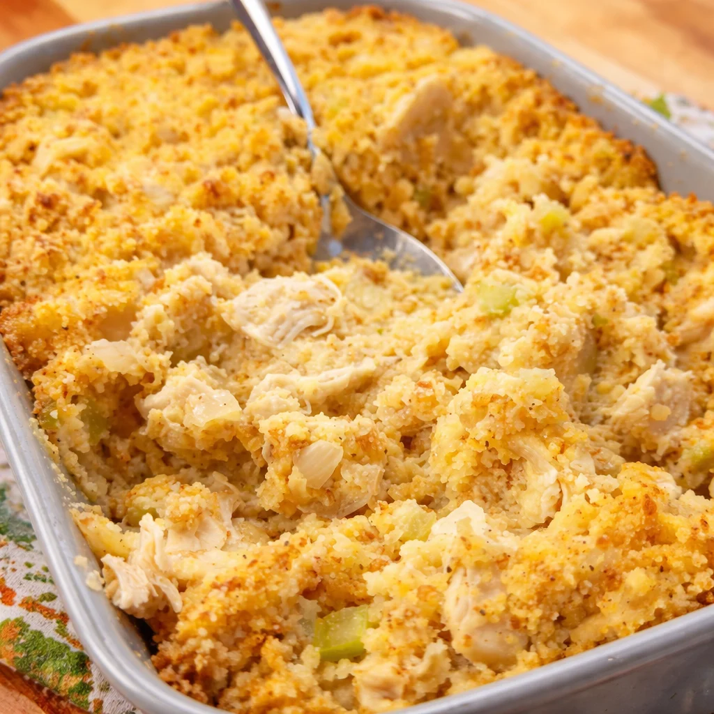 Delicious Chicken and Dressing Casserole topped with cornbread stuffing in a creamy sauce.