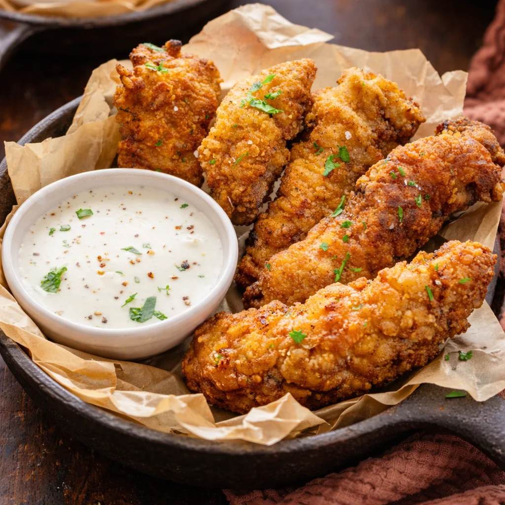 Delicious chicken fried steak fingers served with creamy gravy for dipping