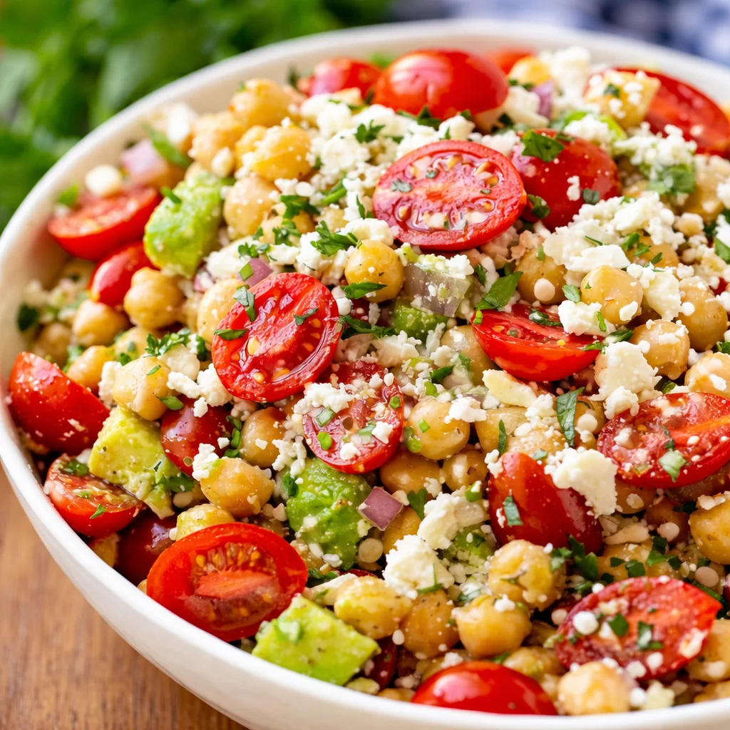 Chickpea Feta Avocado Salad with fresh veggies and a tangy dressing in a bowl.