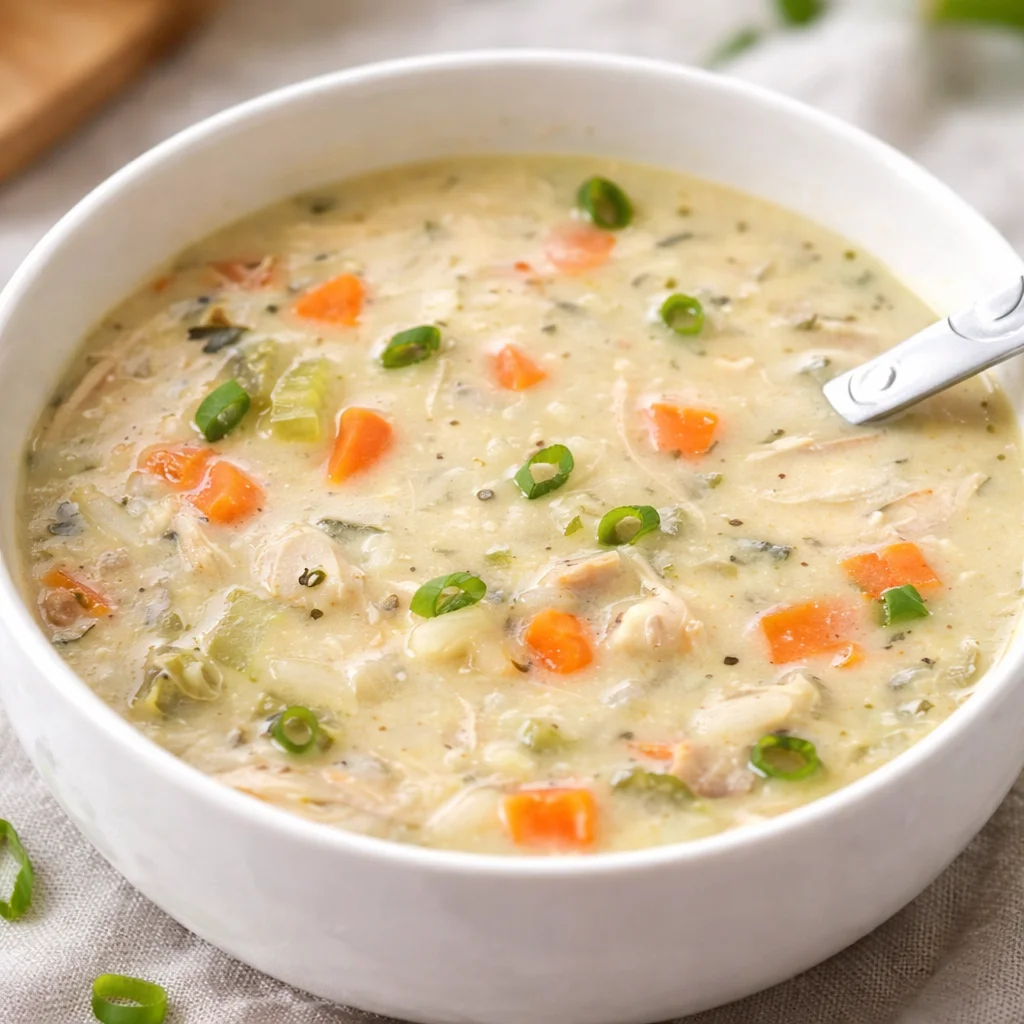 Bowl of creamy Copycat Panera Chicken & Wild Rice Soup garnished with herbs