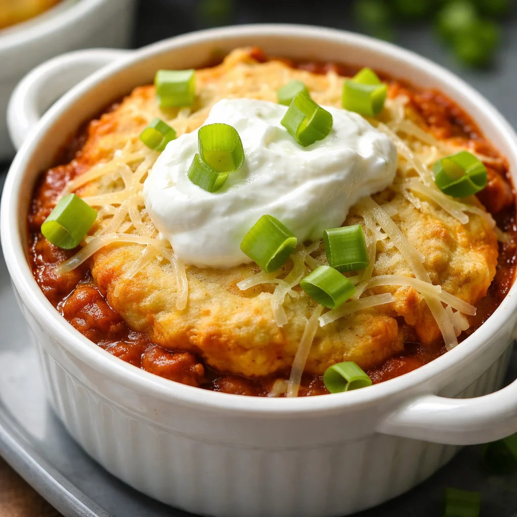 Individual Cornbread Chili Pot Pies with beef chili and cornbread topping
