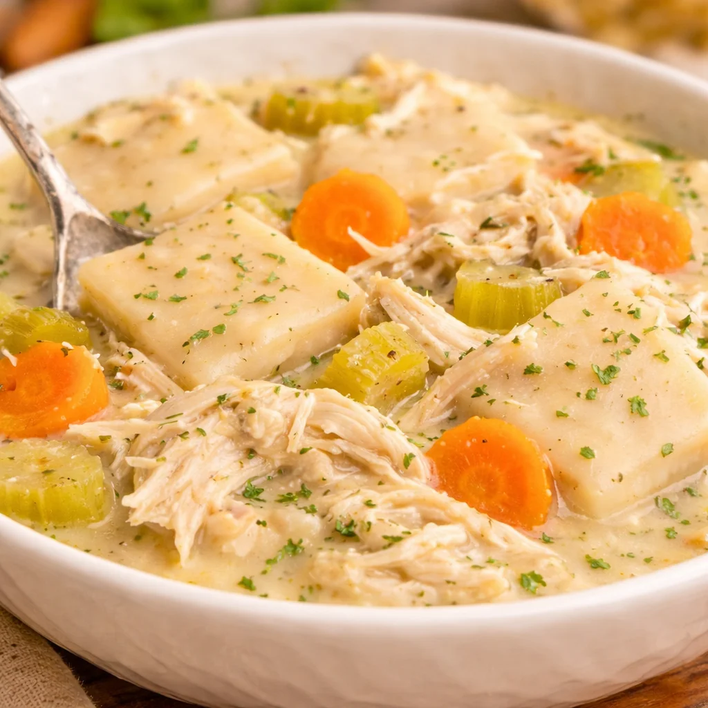 Homemade Cracker Barrel-Style Chicken & Dumplings in a creamy broth with fluffy dumplings.