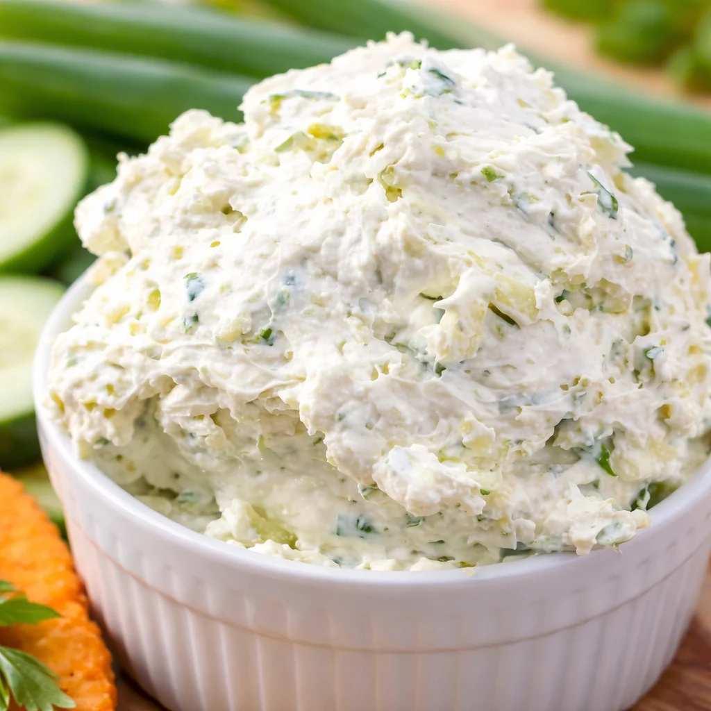 Delicious Cucumber Cream Cheese Spread served with crackers and vegetables.