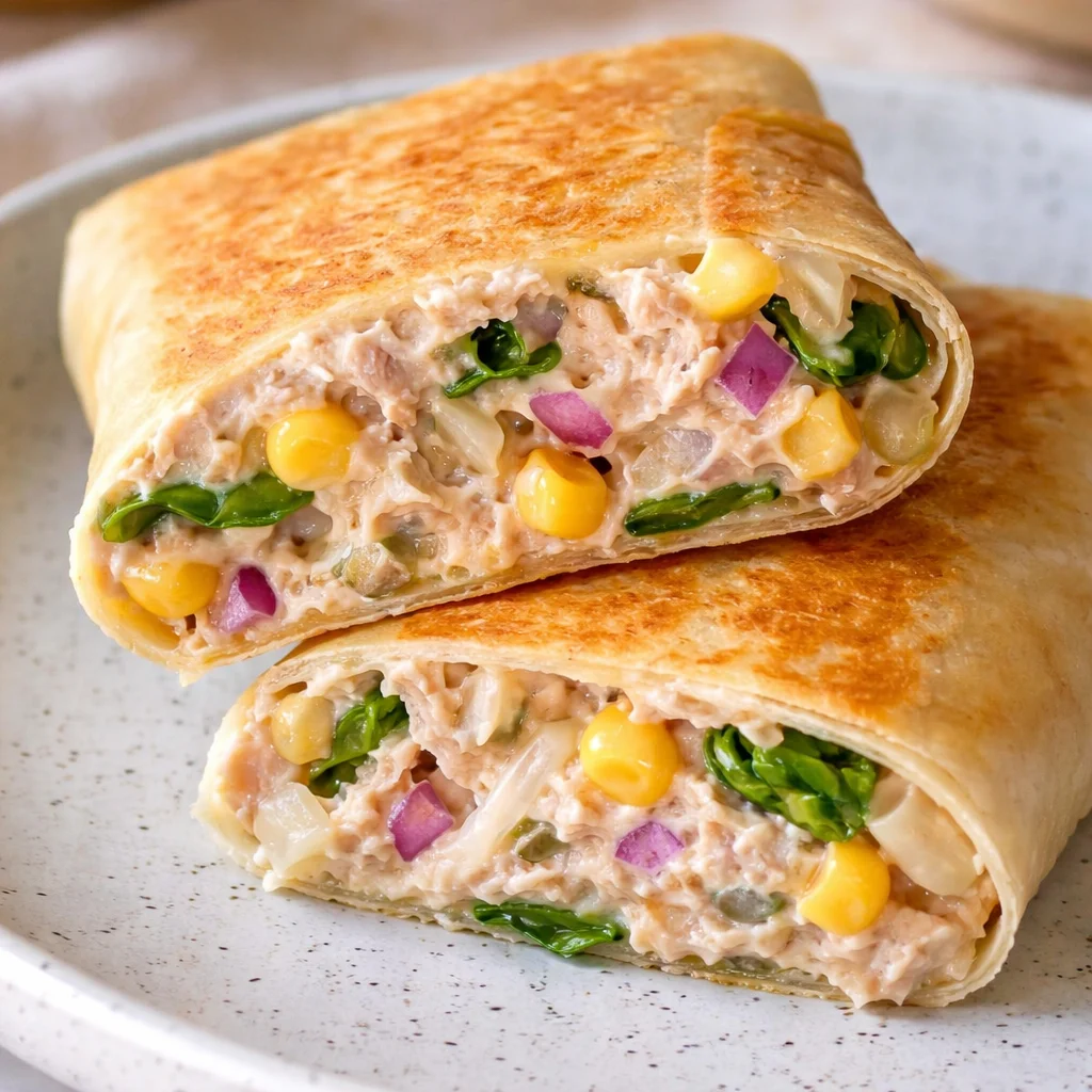 Delicious and healthy tuna melt wrap with melted cheese and fresh ingredients