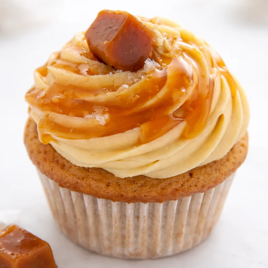 Gooey salted caramel cupcakes topped with rich caramel frosting and caramel sauce.