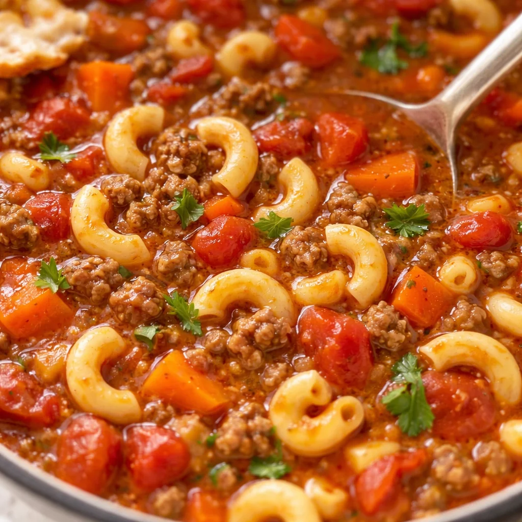 A bowl of hearty Hamburger Macaroni Soup with ground beef, macaroni, and vegetables.