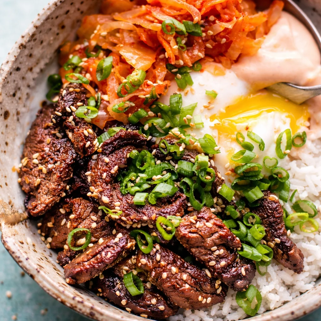 Korean BBQ Steak Rice Bowls with kimchi, cucumber, and flavorful beef in a bowl.