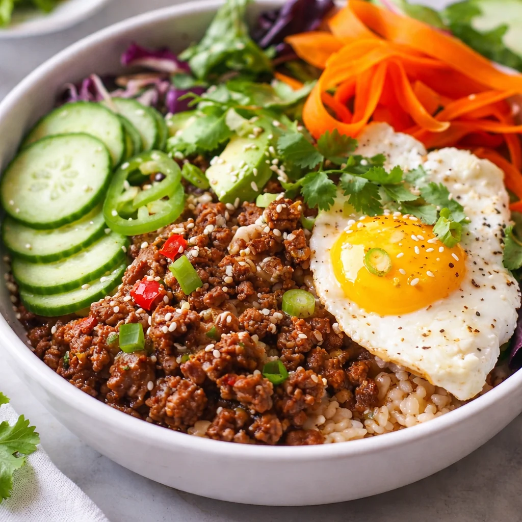 Delicious Korean Ground Beef Bowl with rice, green onions, and savory sauce.