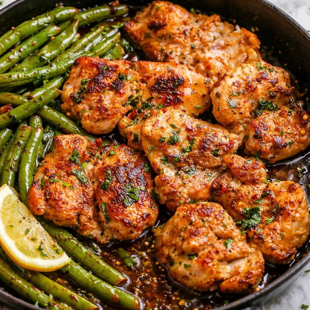 Lemon Garlic Butter Chicken Thighs with Green Beans in a skillet