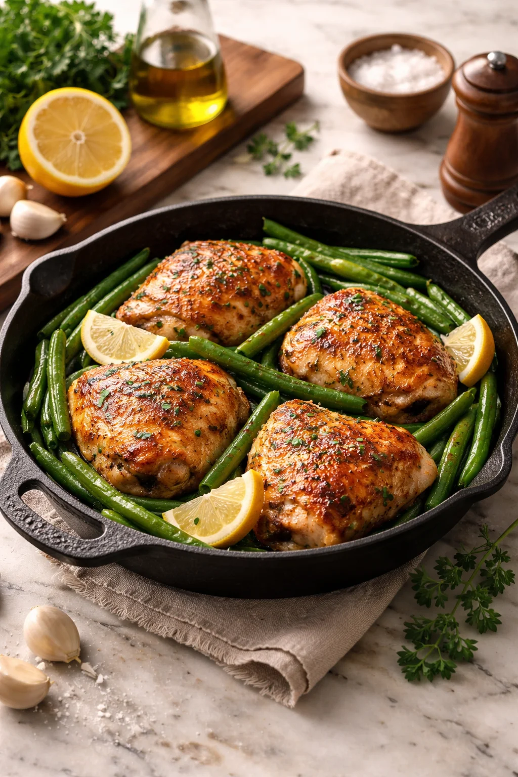 Lemon Garlic Butter Chicken Thighs Recipe with Green Beans