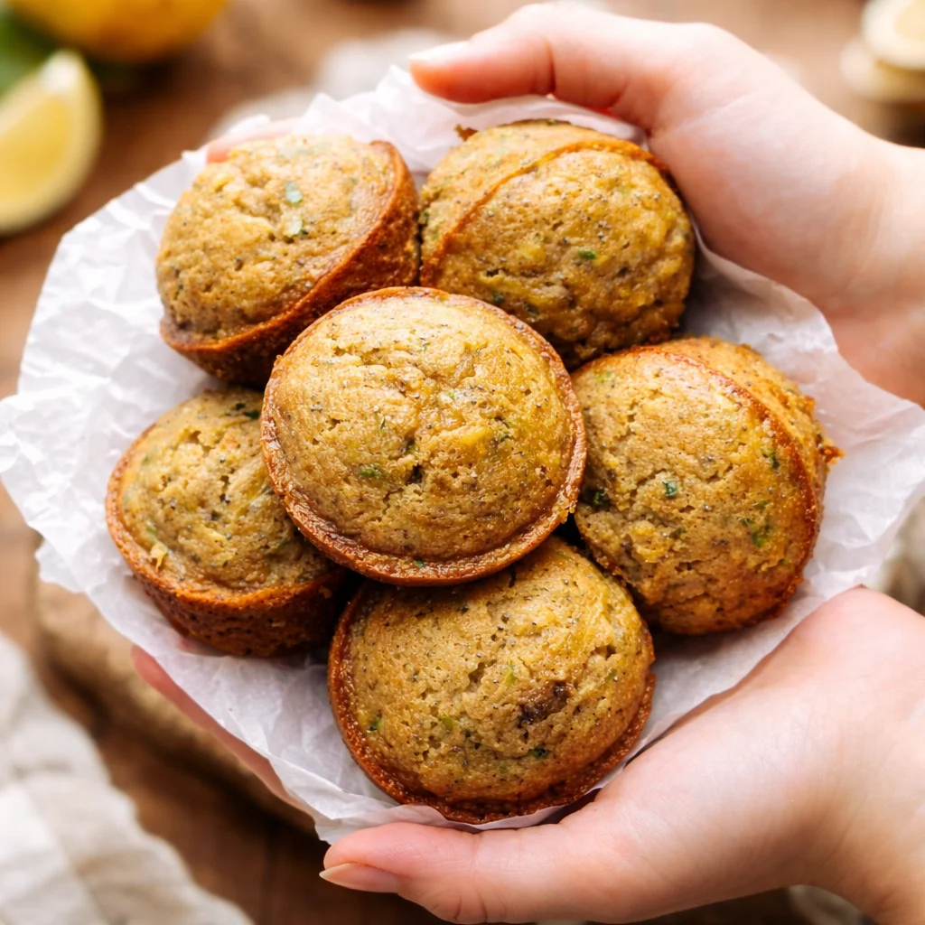 Light and fluffy Lemon Zucchini Muffins topped with a lemon glaze.