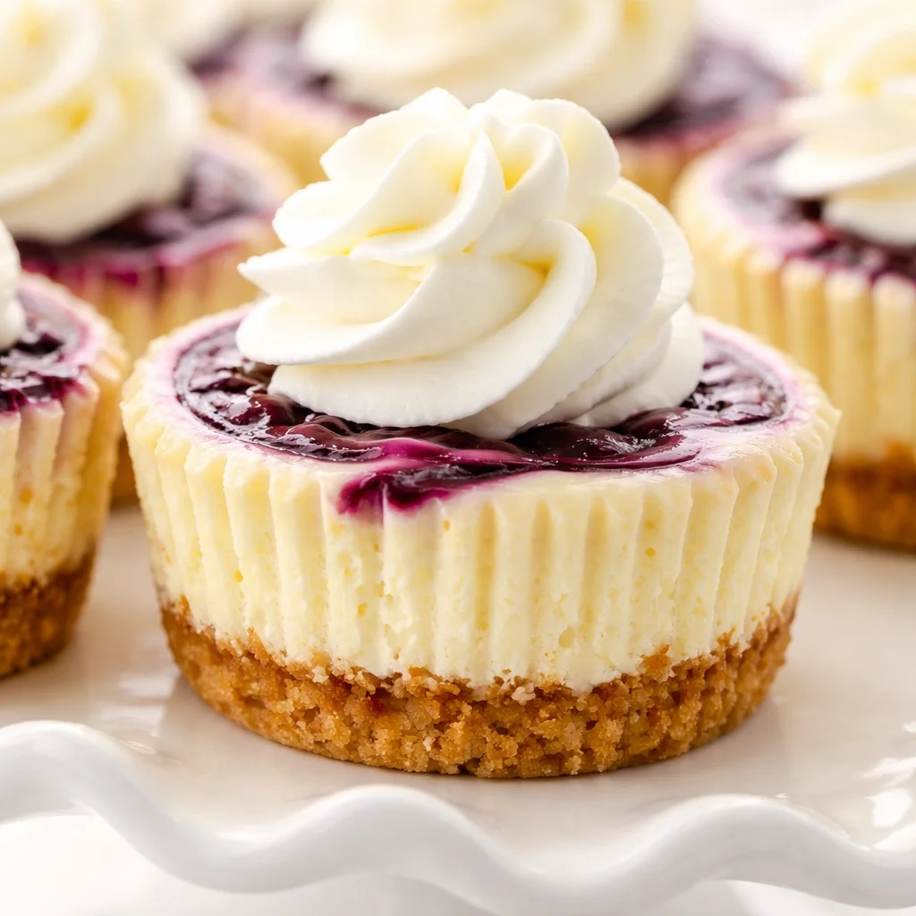 Mini Lemon Blueberry Cheesecakes with blueberry swirl on a graham cracker crust.
