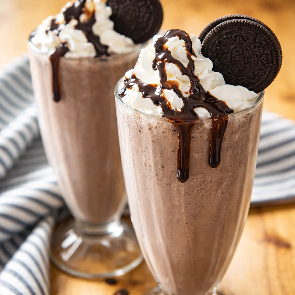 Creamy Oreo milkshake in a glass topped with whipped cream and crushed Oreos.