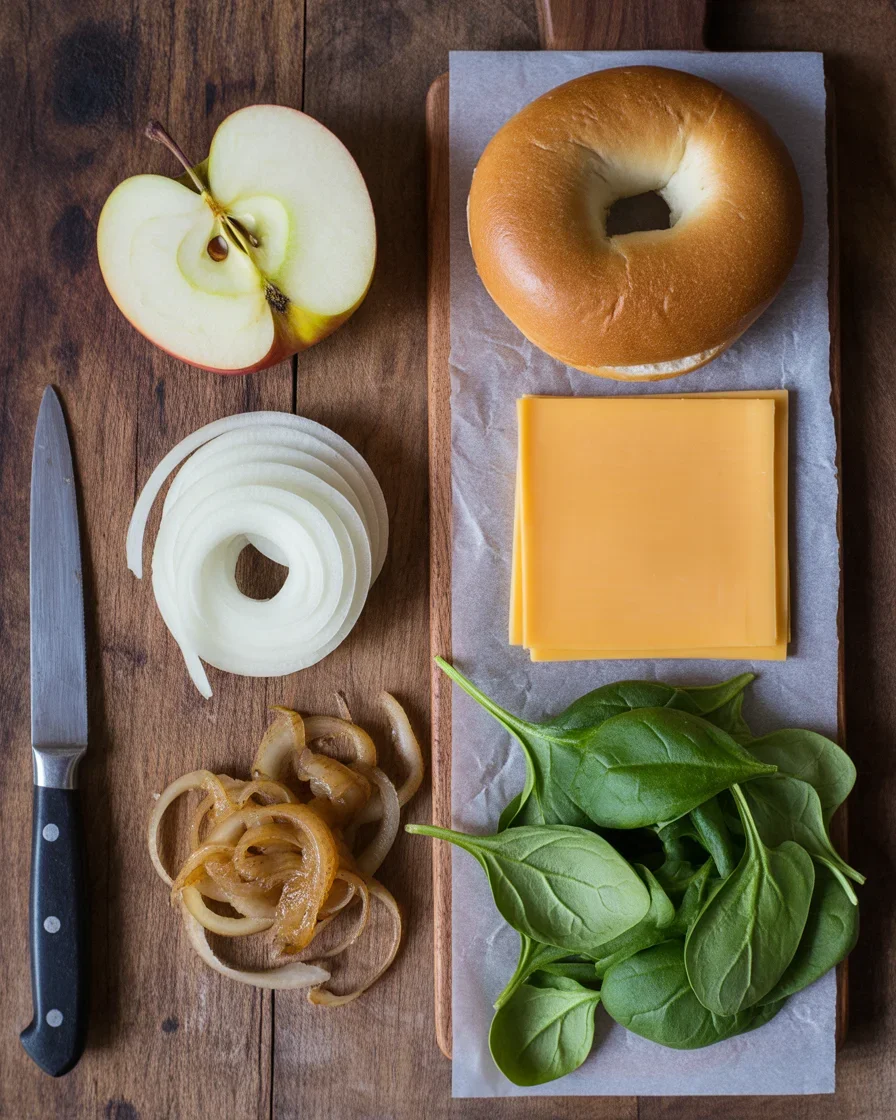 Pear Apple Cheddar Caramelized Onion Grilled Cheese Bagel Sandwich
