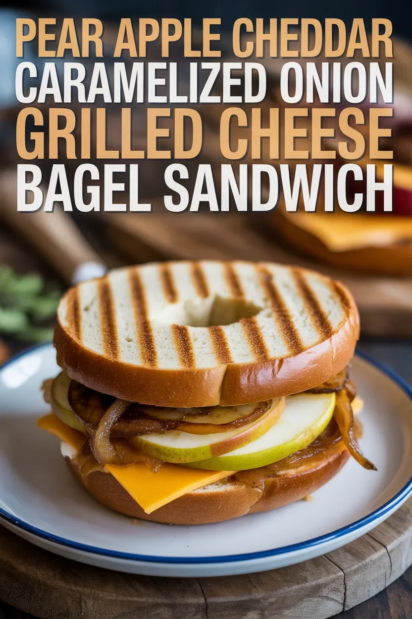 Pear Apple Cheddar Caramelized Onion Grilled Cheese Bagel Sandwich