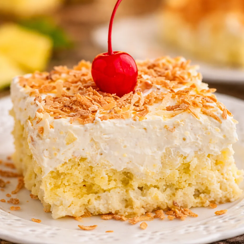 Delicious Piña Colada Poke Cake topped with whipped cream and tropical fruit.