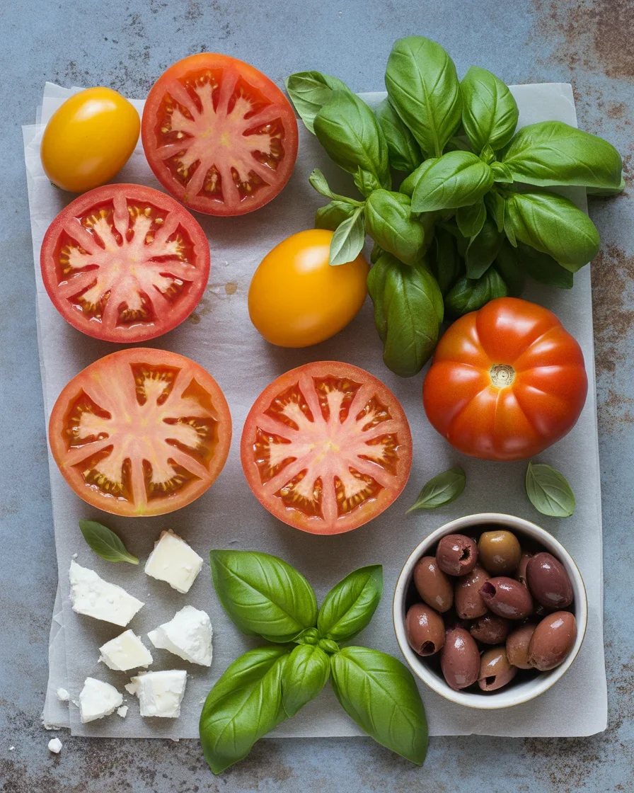 Heirloom Tomato Salad (With Kalamata Olives & Fresh Basil)