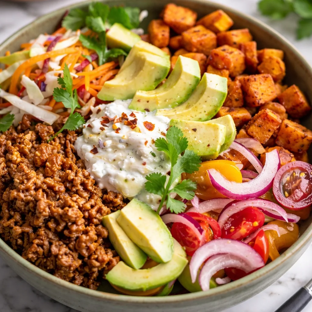 Delicious Sweet Potato Taco Bowls with vegetables, beef, and toppings for a healthy meal