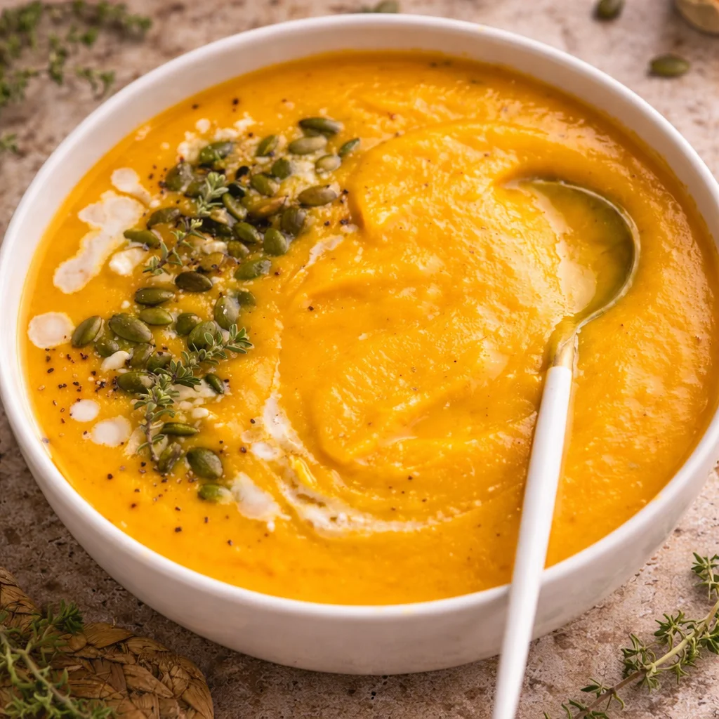 Bowl of creamy roasted butternut squash soup garnished with herbs.