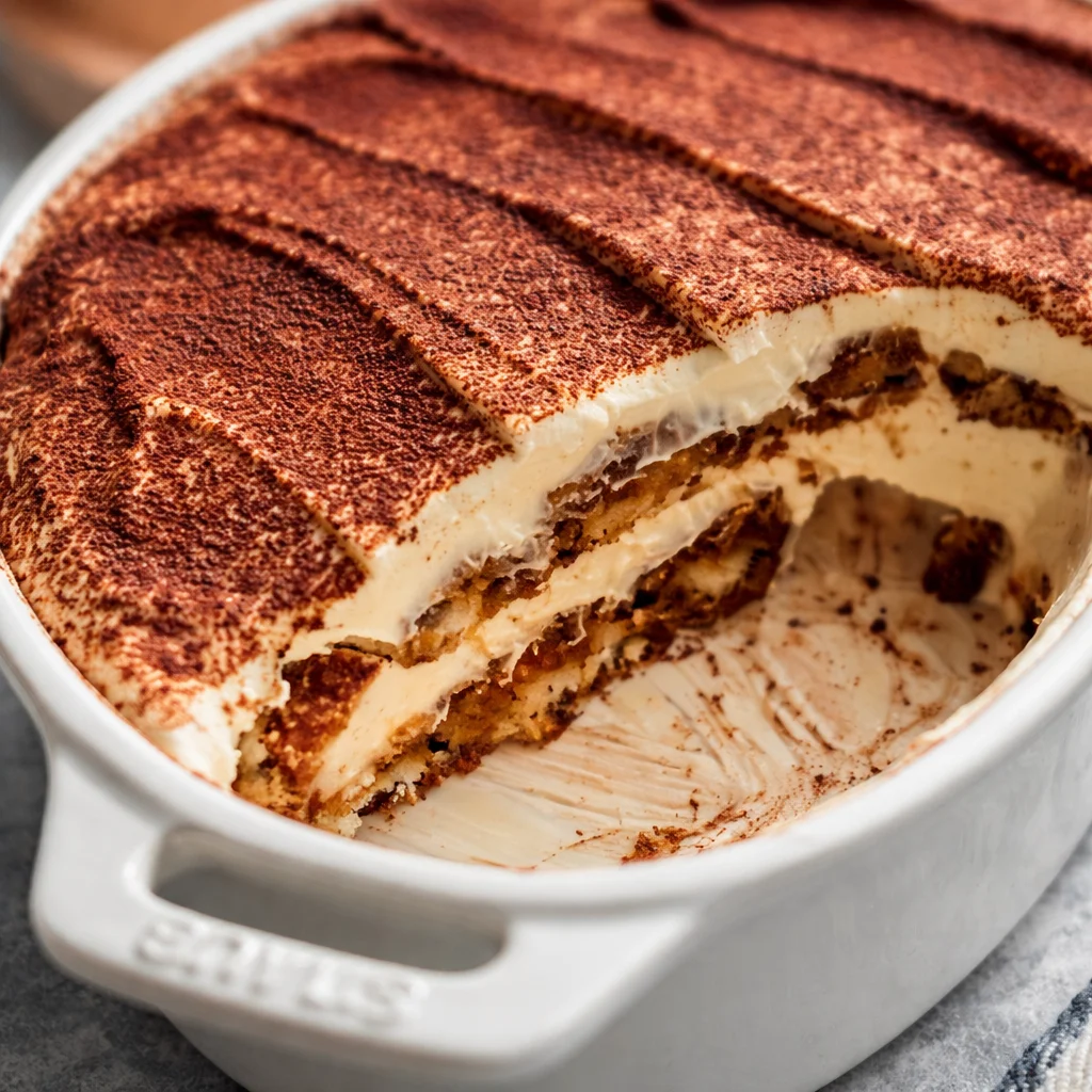 Delicious slice of traditional Italian Tiramisu dessert with coffee-soaked ladyfingers and mascarpone.