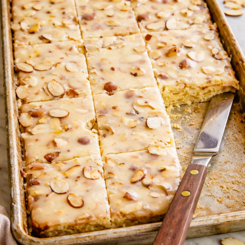 Delicious White Texas Sheet Cake topped with almond frosting and sliced almonds.
