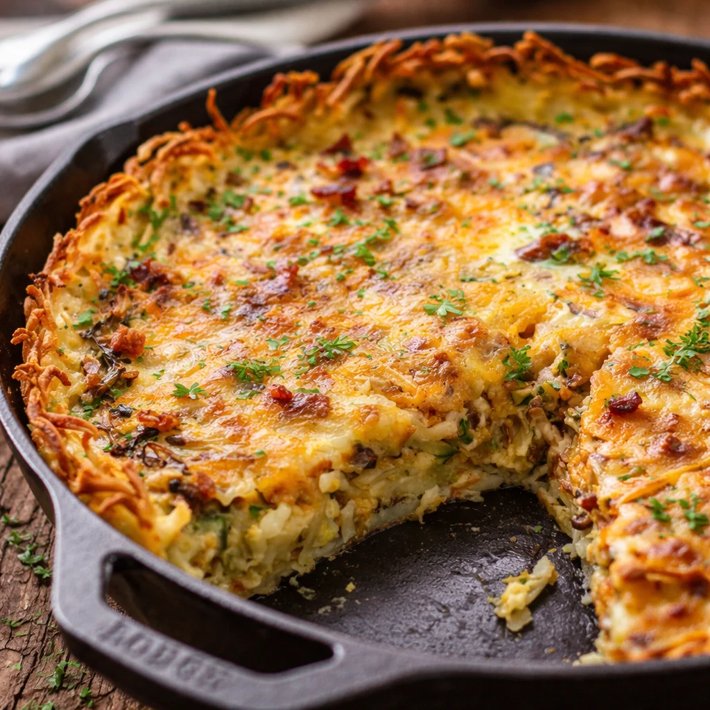 Zucchini Quiche with Bacon and Hash Brown Crust, a savory dish perfect for brunch.