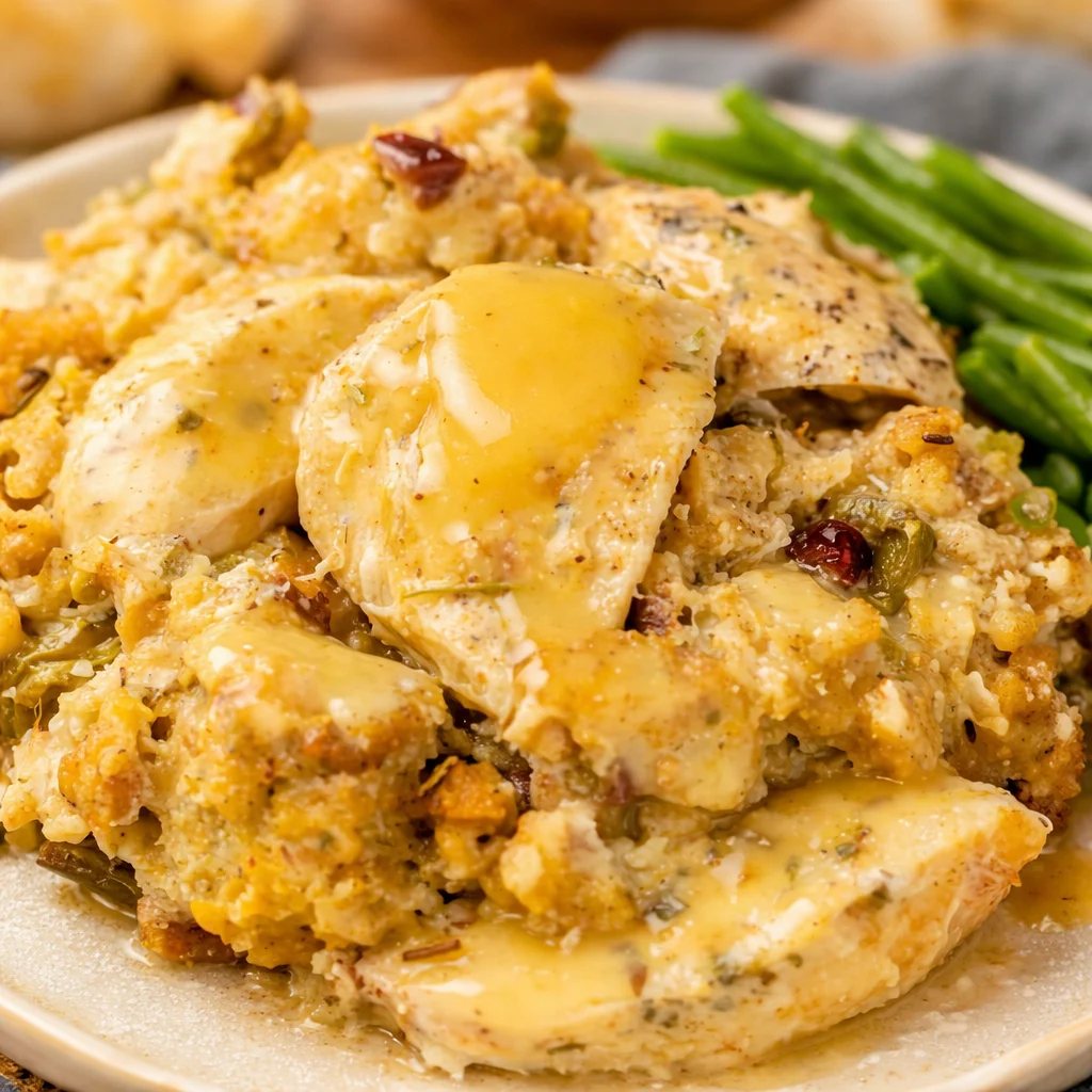 Delicious easy Slow Cooker Chicken with Stuffing served with vegetables.