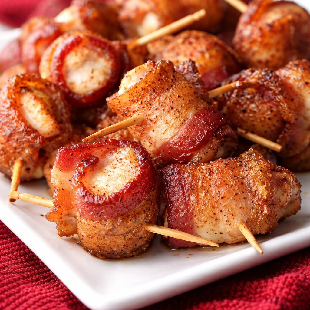 Delicious Bacon Wrapped Chicken Teriyaki Bites with pineapple and sweet glaze.
