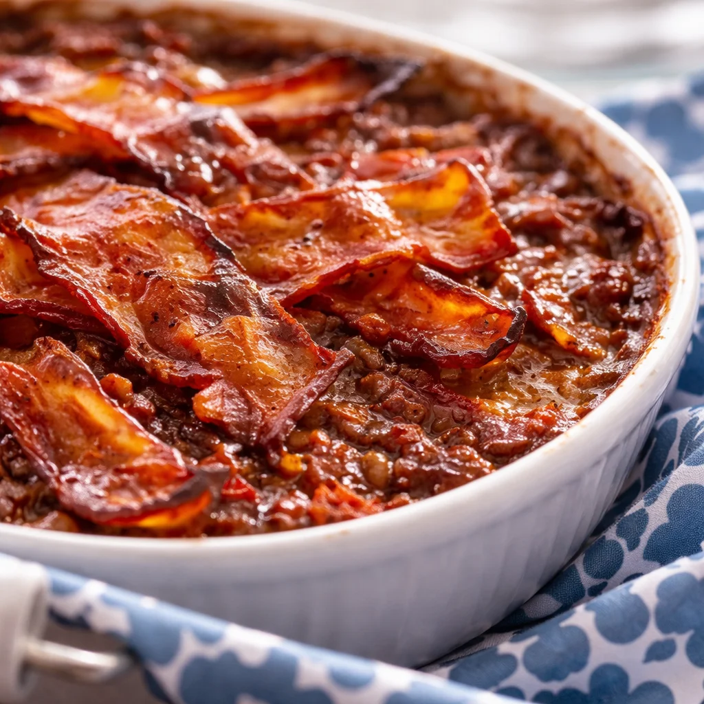 Hearty Baked Beans & Ground Beef Casserole with bacon and onions