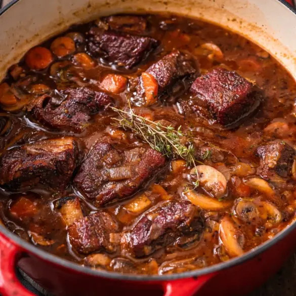 A bowl of rich and flavorful beef stew with tender chunks of meat and vegetables.