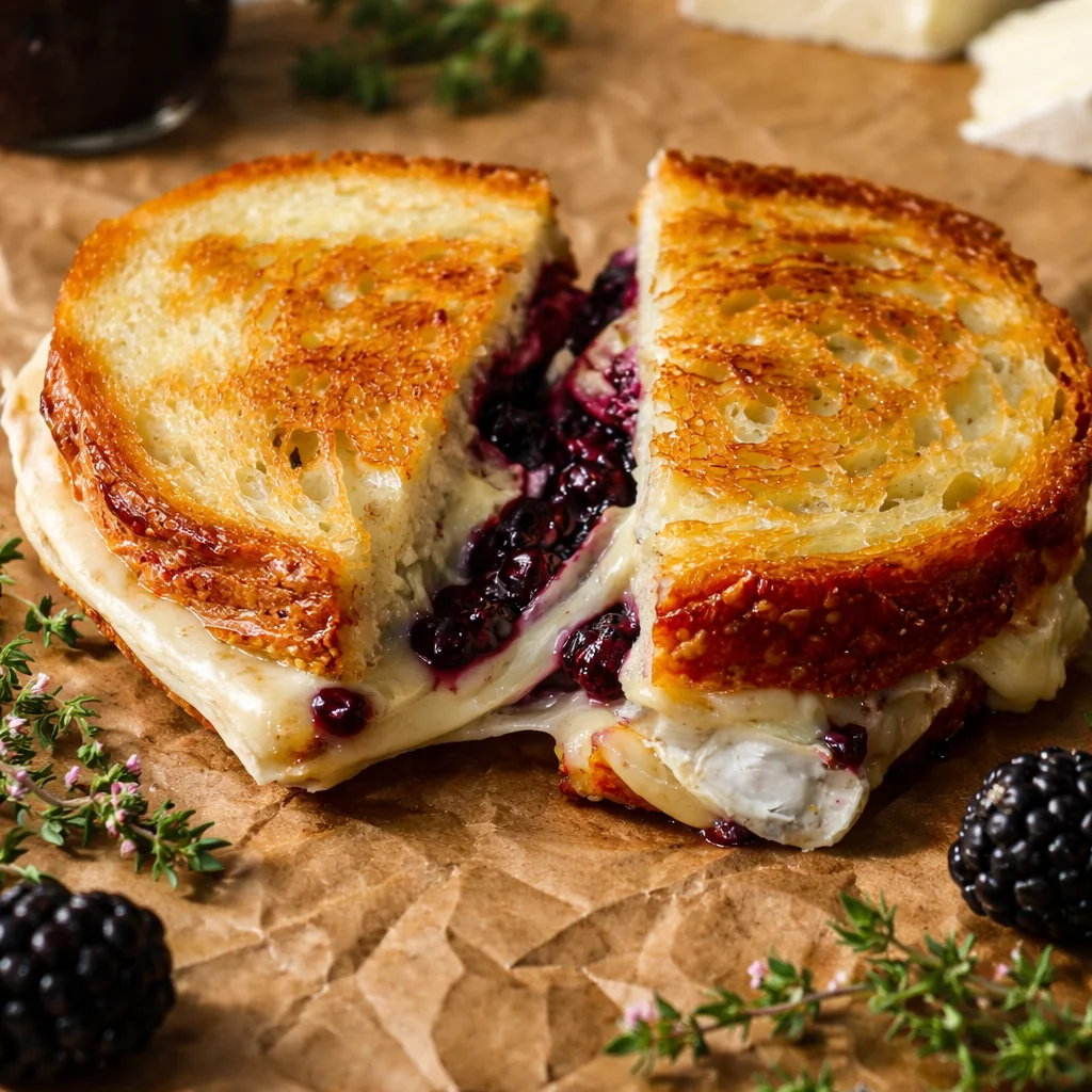 Delicious Brie & Blackberry Jam Grilled Cheese sandwich with crispy bread and melted cheese