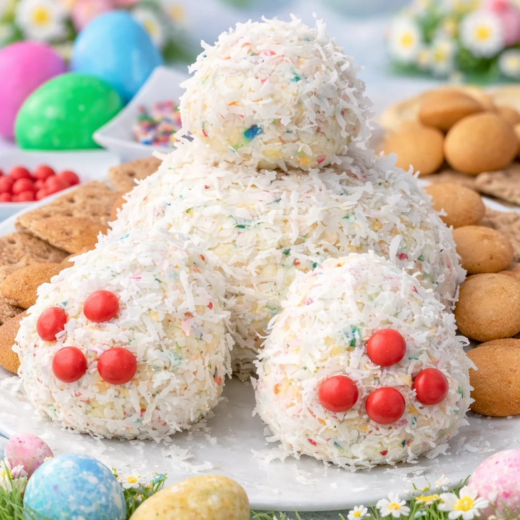 Cute Bunny Butt Cheeseball decorated with sprinkles, perfect for Easter celebrations.