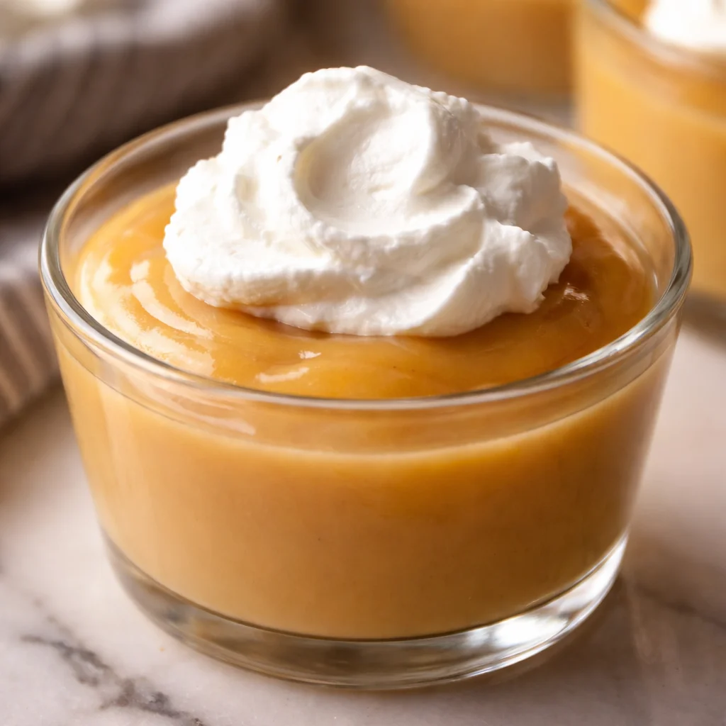 Delicious homemade butterscotch pudding topped with whipped cream and caramel sauce.