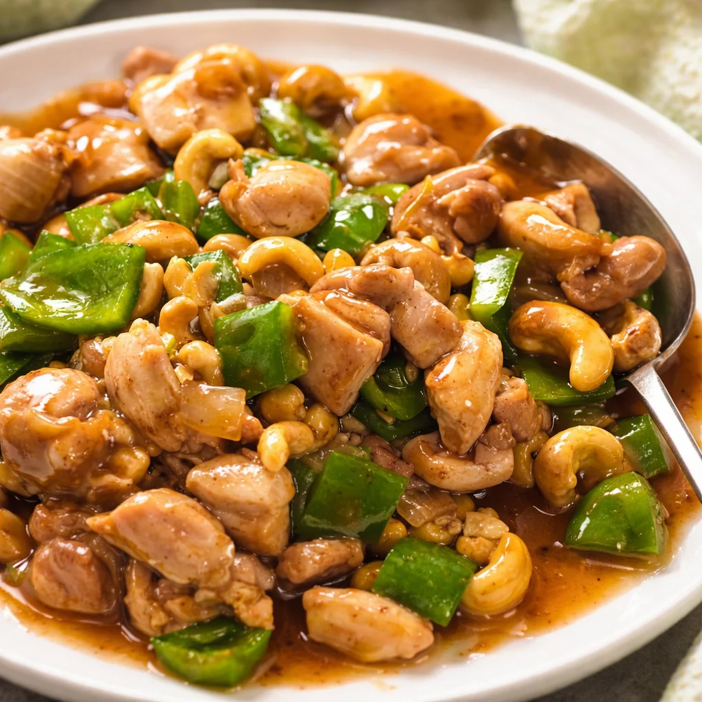 Delicious homemade Cashew Chicken with veggies and crunchy cashews in a savory sauce.