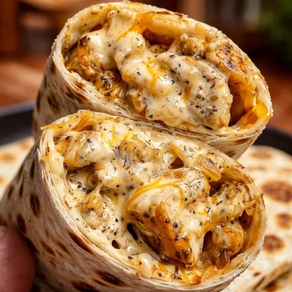 Cheesy Garlic Chicken Wraps with melted cheese and tender chicken in crispy tortillas.