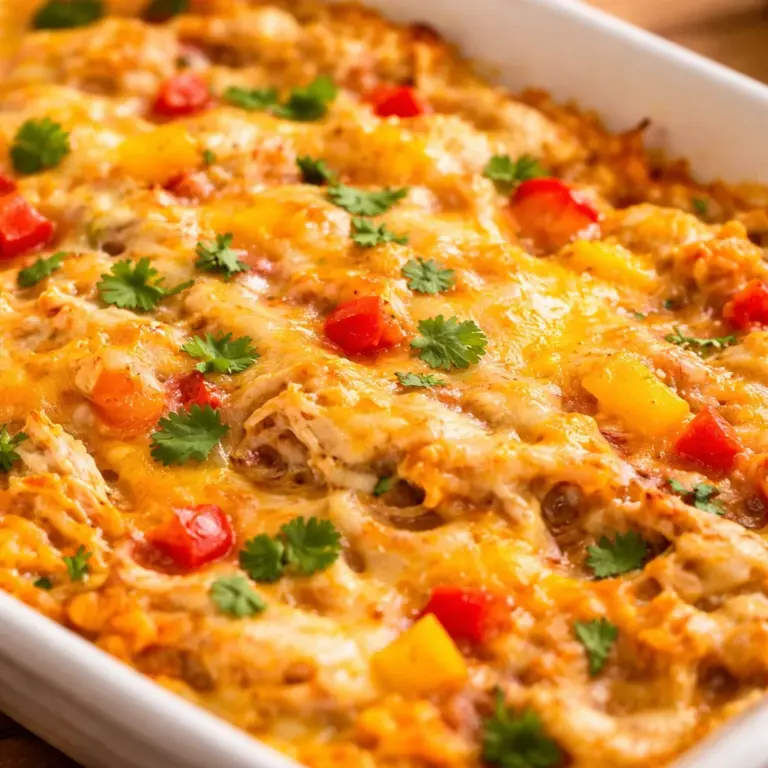 Delicious Chicken Fajita Casserole with chicken, peppers, cheese, and spices in a baking dish.