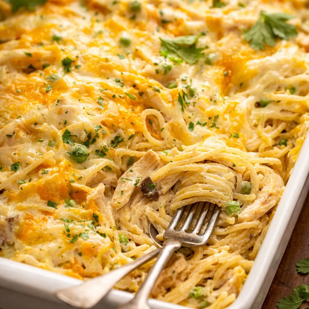 Delicious Chicken Tetrazzini pasta bake with creamy sauce and cheese.