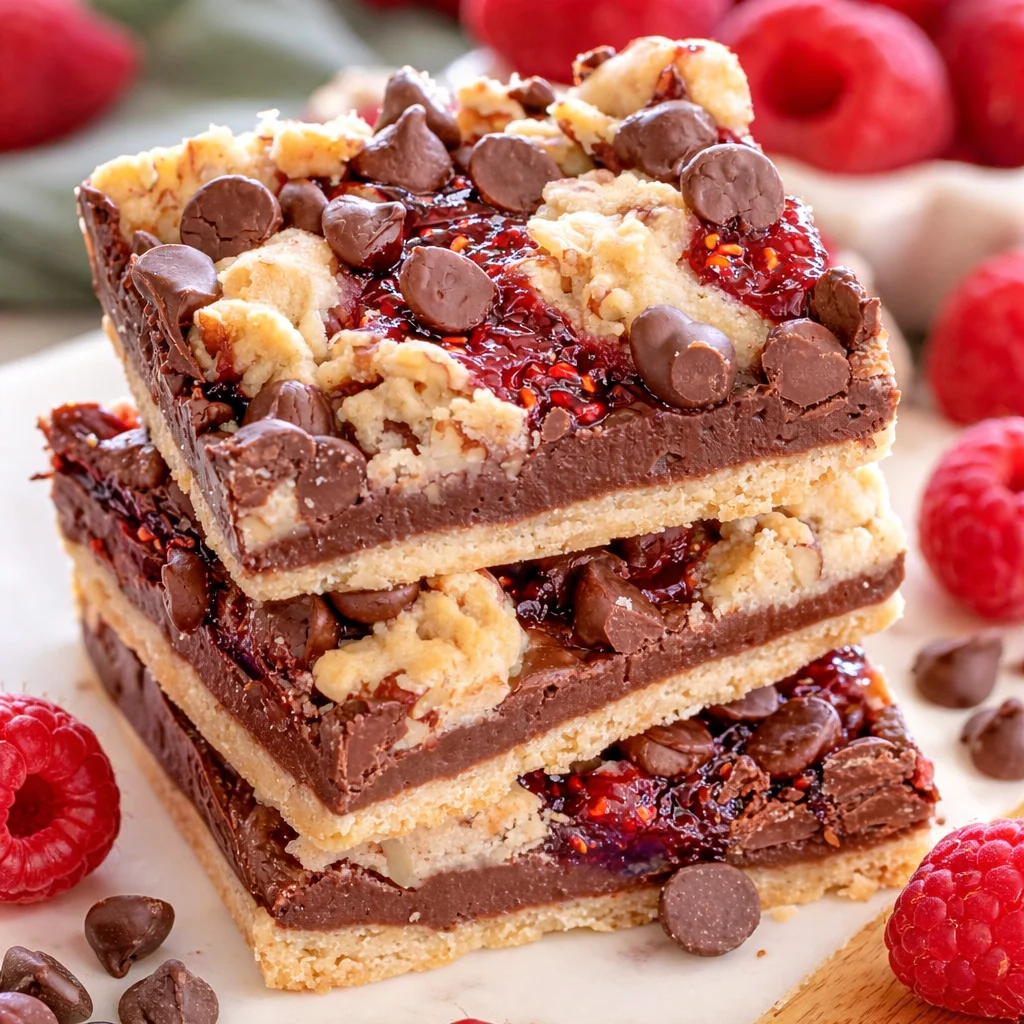 Decadent chocolate raspberry crumb bars with chocolate chips and raspberry preserves.