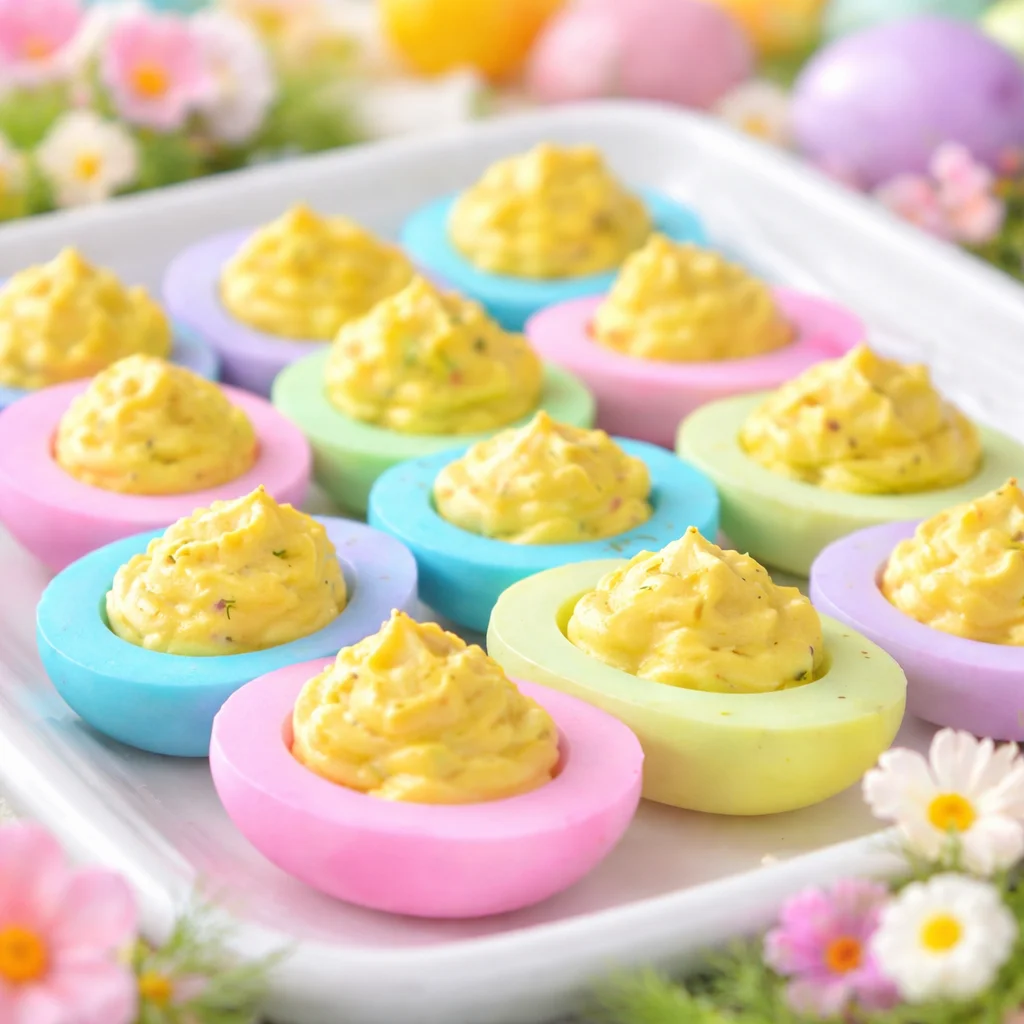A vibrant plate of Colored Deviled Eggs showcasing an array of bright colors.
