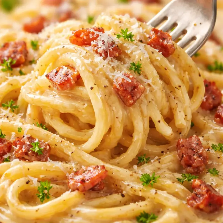 Delicious Creamy Bacon Spaghetti served in a bowl, garnished with parsley.