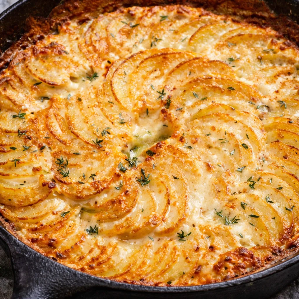 Delicious creamy and comforting scalloped potatoes with melted cheese and a rich sauce.