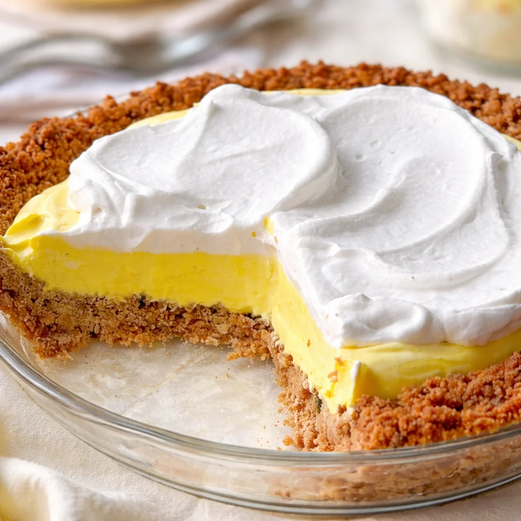 Delicious creamy Florida lemon pie with a graham cracker crust and whipped cream topping.