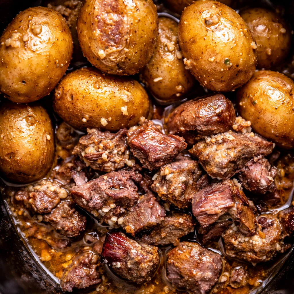 Crockpot Garlic Butter Beef Bites prepared with potatoes and seasonings in a slow cooker.