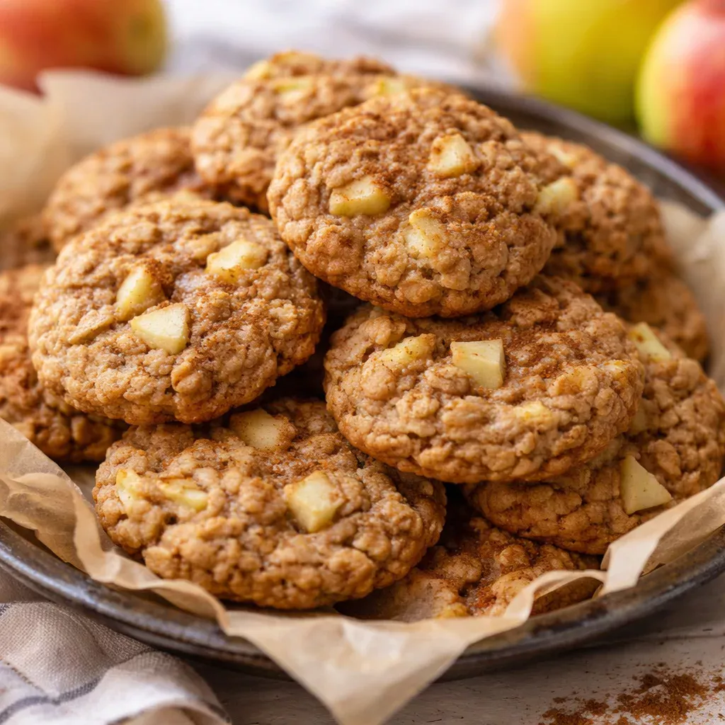 Fresh apple oatmeal cookies with chunks of apple and sprinkled with cinnamon.