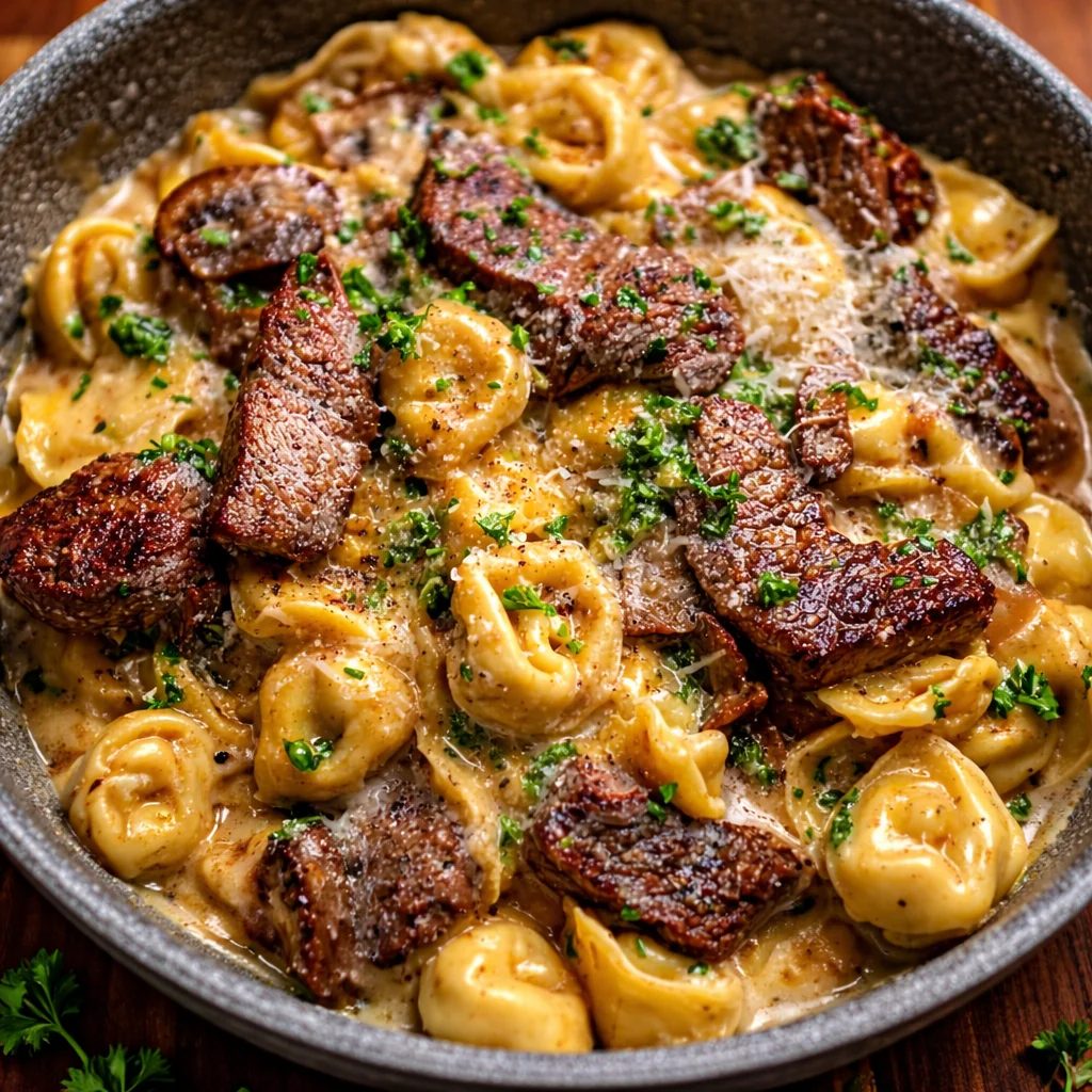 Delicious Garlic Steak Tortellini with creamy garlic parmesan sauce and tender steak.