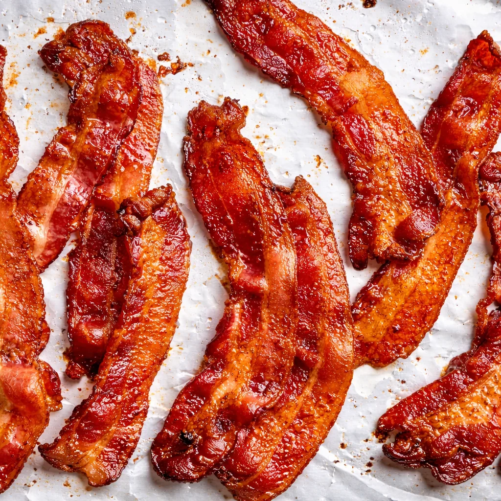 Oven-cooked crispy bacon, perfectly baked at 400°F for easy cleanup and delicious flavor.