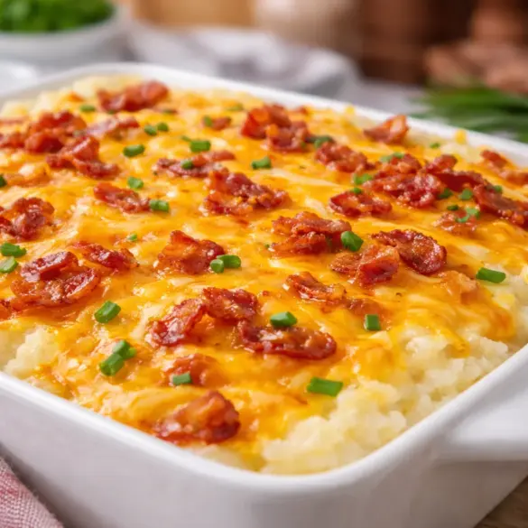 Loaded Potato Meatloaf Casserole with mashed potatoes, cheese, and bacon.