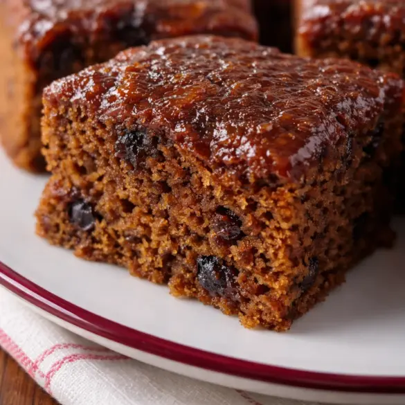 Slice of old-fashioned raisin cake with raisins and spices on a plate