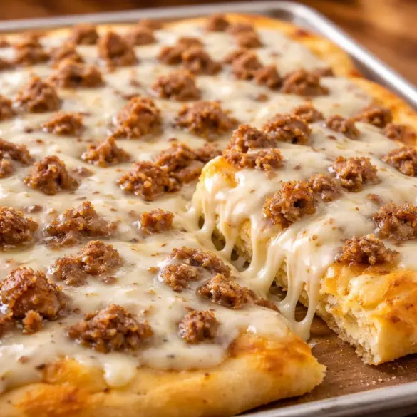 Delicious Old School Breakfast Pizza Recipe topped with sausage and cheese