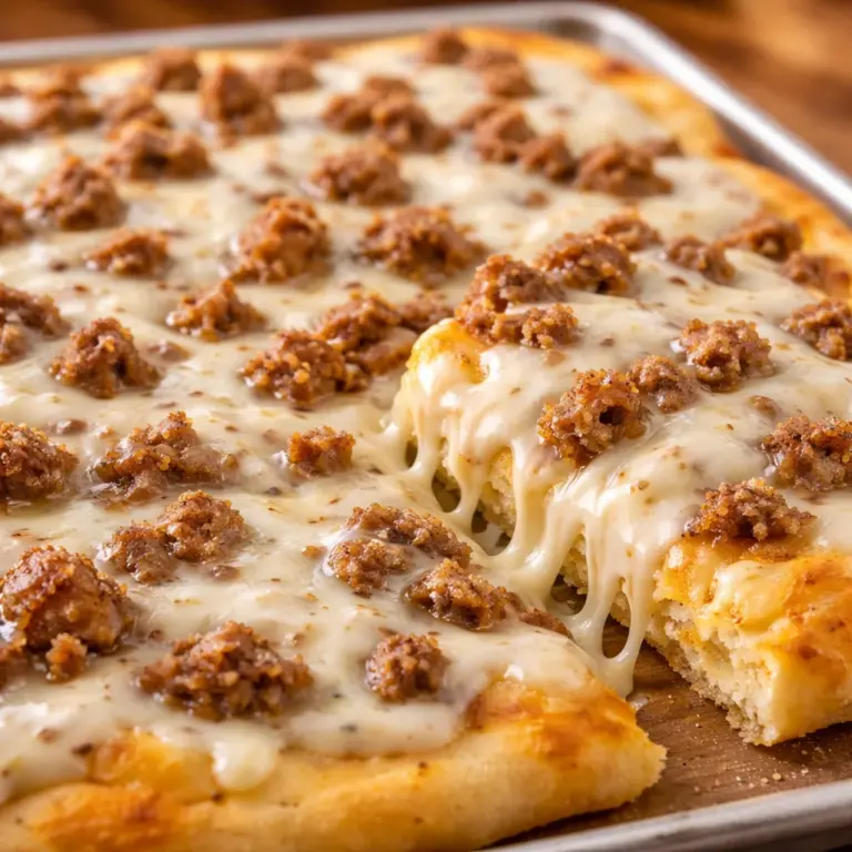 Delicious Old School Breakfast Pizza Recipe topped with sausage and cheese